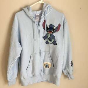 Disney Lilo & Stitch Full Zip Hoodie, Light Blue, Women's Size M 'Far Out' Patch